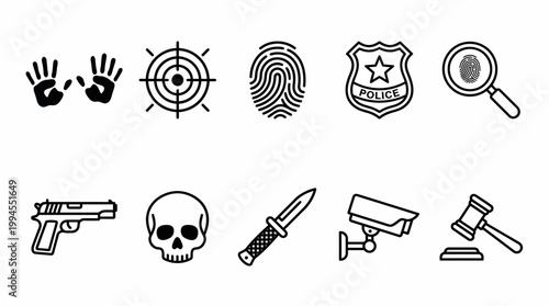 Crime Scene Law Enforcement Line Icons Collection of Police Badge, Fingerprint, Gavel, Surveillance, Weapons, Forensic Symbols for Design