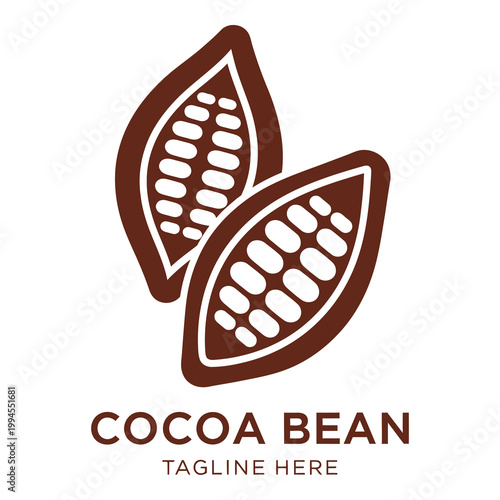 Brown cocoa bean logo with two leaves and white details icon