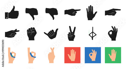 Collection of Hand Gestures Icons: Thumbs Up, Down, Pointing, OK, Peace Sign