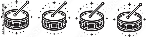 Black Snare Drum and Drumstick Icon Set with Sparkling Stars for Music Performance, Percussion Instrument Lessons, Concert Branding, and Festival Design