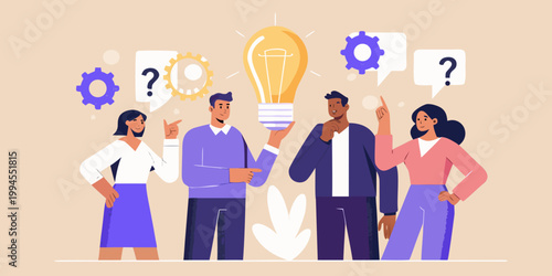 Team brainstorming ideas with a lightbulb representing innovation and problem solving