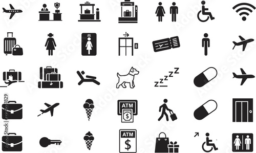 Flat vector illustration, airport travel icons, airplane luggage customs scanner restroom elevator boarding pass wheelchair Wi‑Fi shopping gift artwork