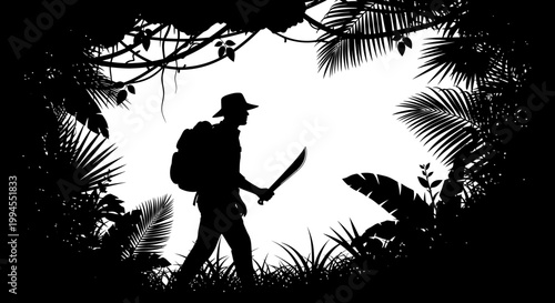 Silhouette of an adventurer exploring a dense jungle with a machete