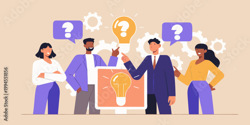 Team brainstorming ideas with lightbulbs representing innovation and problem solving