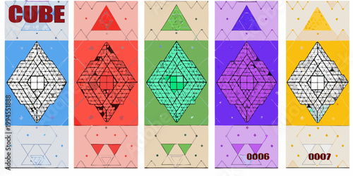 A series of colorful geometric shapes depicting cube transformations