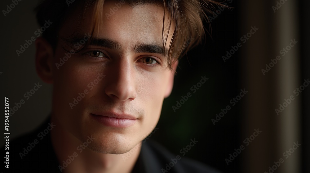 Fototapeta premium In a calm indoor space, a young man gazes directly at the viewer, his expressive eyes shining with warmth. Soft light highlights his features, creating an intimate atmosphere