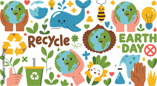 Cartoon Earth Day illustration featuring smiling globes whale recycling symbols leaves and eco conservation elements in playful composition