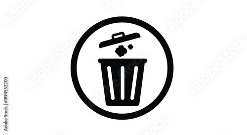 Simple black and white icon depicting a wastebasket with trash inside