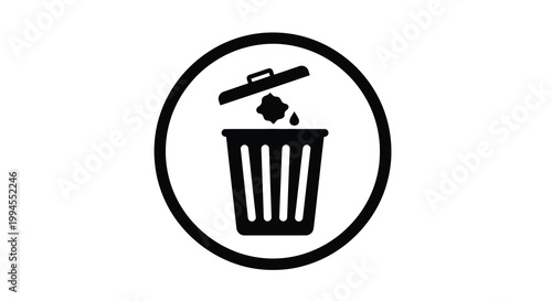Simple black and white illustration of a trash can inside a circle