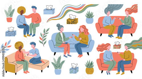 Diverse people in therapy sessions receiving mental health support and counseling for emotional well being