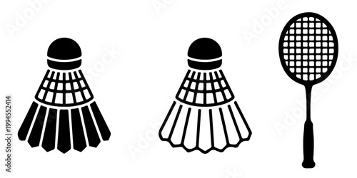 Badminton shuttlecock icon set in outline and silhouette styles, feather shuttle sport equipment illustration
