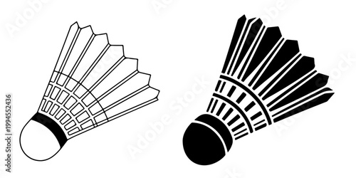 Badminton shuttlecock icon set in outline and silhouette styles, feather shuttle sport equipment illustration