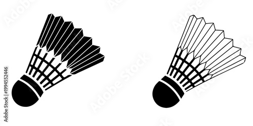 Badminton shuttlecock icon set in outline and silhouette styles, feather shuttle sport equipment illustration