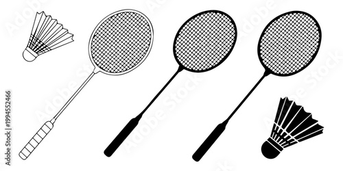 Badminton shuttlecock icon set in outline and silhouette styles, feather shuttle sport equipment illustration