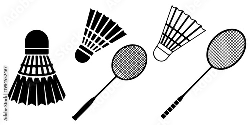 Badminton shuttlecock icon set in outline and silhouette styles, feather shuttle sport equipment illustration