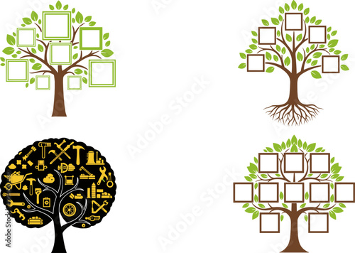 Creative Family Tree Templates Set with Photo Frames Roots and Decorative Leaves Genealogy Concept Vector Illustration for Ancestry Design Projects