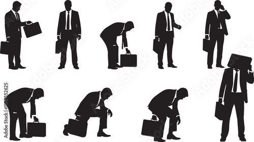 Flat vector illustration, business professional silhouettes, office worker briefcase icons, stress fatigue posture artwork, black white corporate design