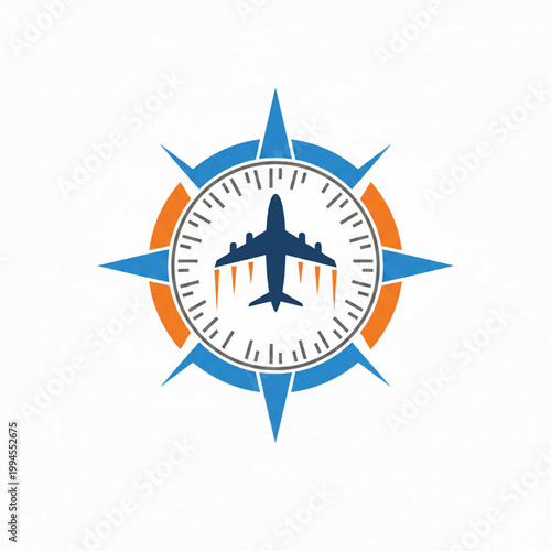 Airplane compass logo with clock face, blue and orange burst rays for travel navigation and branding concept