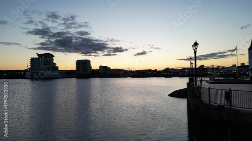 4K Cinematic Aerial Drone Shot of Cardiff Bay and Cardiff City Centre, Wales Featuring Sunset