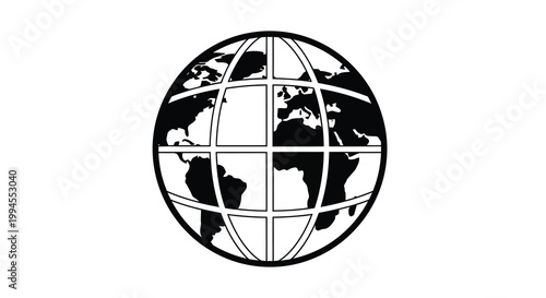 Black and white illustration of a globe depicting continents and grid lines