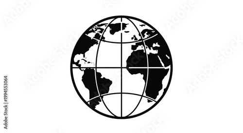 A simple black and white illustration of planet earth with visible continents