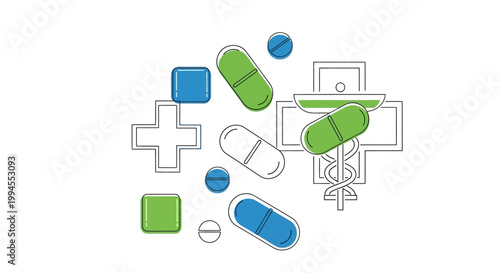 Medical Illustration with pills, cross, and caduceus for healthcare and pharmaceuticals