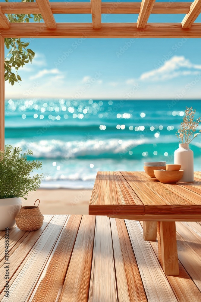 Naklejka premium Wooden table on a sunny beach deck with ocean view and relaxed summer dining scene