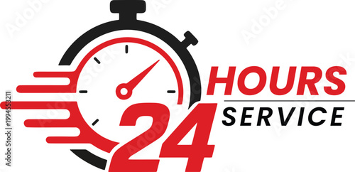 24 hours service fast support logo clock speed flat vector illustration.