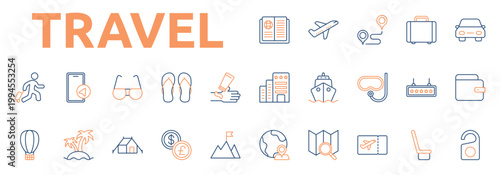 Travel icon set color outline style with passport, airplane, route, suitcase, car rental, hotel, cruise, snorkeling icons