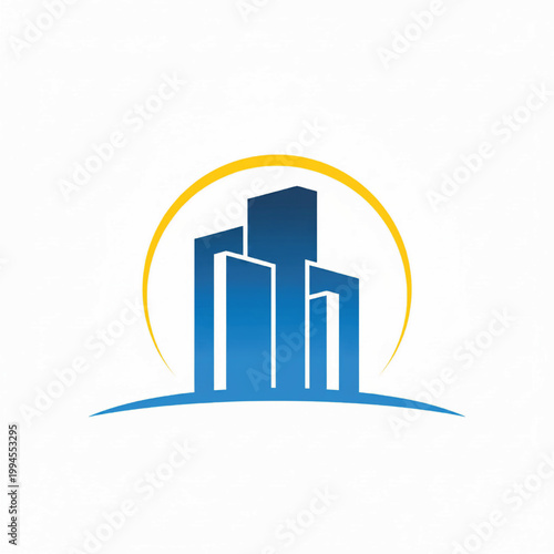 Building skyline logo with blue city blocks and yellow circular accent, suited for real estate and construction branding