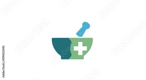Medical emblem featuring mortar and pestle with cross, health and pharmacy symbol