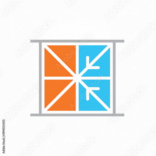 Window glass panel with colorful handmade geometric stained design and white cross frame lines illustration