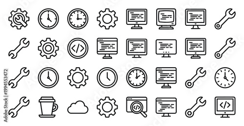 Collection of hand-drawn technology and work icons with computers clocks tools coffee cup web design app development it support technology computer programming software hardware development