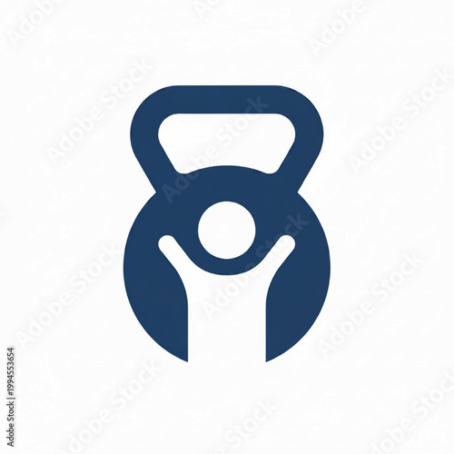 Kettlebell icon with minimalist circular emblem and curved handles on clean white background featuring fitness equipment, workout, strength training