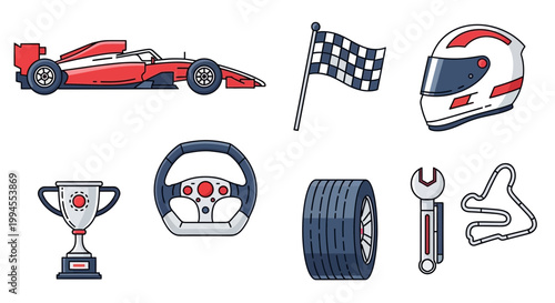 Dynamic vector collection of motor racing elements, including essential equipment and symbols for high-speed competition