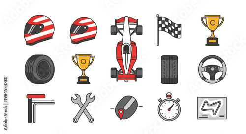 Collection of racing icons including helmets, cars, trophies, tires, checkered flag, wrench, stopwatch, and steering wheel