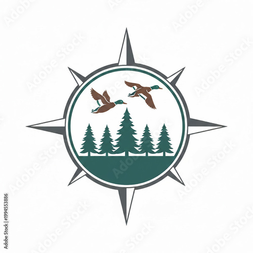 Compass logo with flying ducks over evergreen pine trees inside a circular badge for outdoor hunting branding