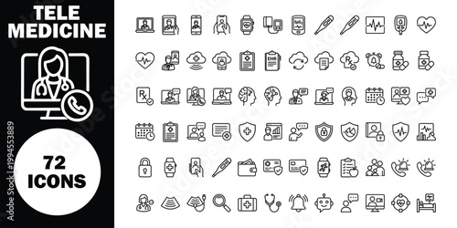 Telemedicine 72 black and white line on white and black background, line black and white