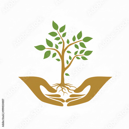 Tree of life logo with green leaves and golden roots in open hands for eco friendly wellness branding