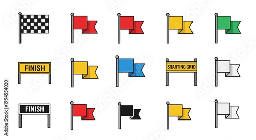 Dynamic collection of racing flags, finish line banners, and starting grid signs, illustrating competition, victory, and the spirit of sports events
