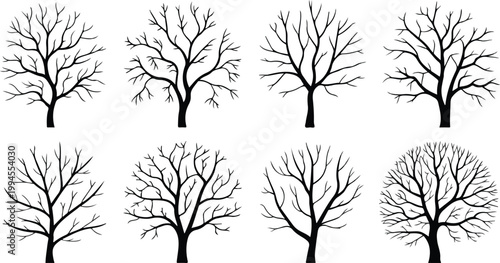 Minimalist bare tree silhouette collection featuring detailed branching patterns in monochrome arranged in balanced decorative grid composition