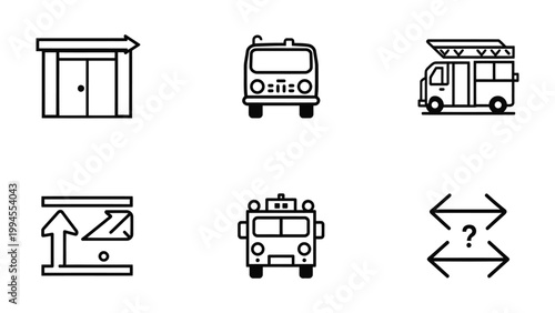 Photography Transportation Icons: Collection of line art vector icons includes a variety of vehicle symbols and transportation related elements, each designed with clean