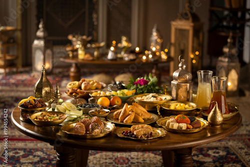 Traditional ramadan iftar table with various middle eastern dishes and sweets