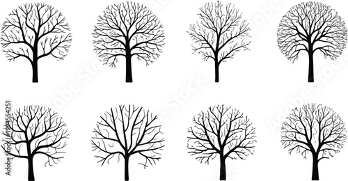 Minimalist bare tree silhouette collection featuring detailed branching patterns in monochrome arranged in balanced decorative grid composition