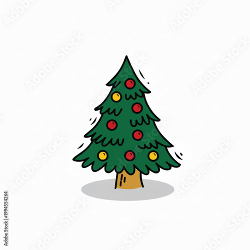 Christmas tree cartoon with green needles, red and yellow ornaments, and a small brown trunk on a white background