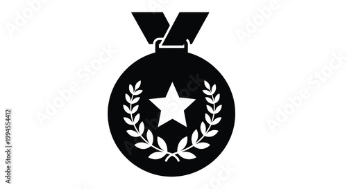 A black and white illustration of a circular medal with a star