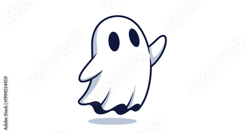 A cartoon ghost with a friendly expression floats in mid-air with one arm raised