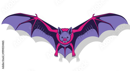 A cartoon bat with purple and pink wings and body is flying towards the viewer with its mouth open