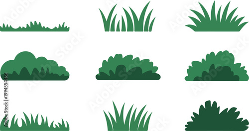 Minimalist grass and hedge illustration set featuring decorative lawn blades shrubs and bush shapes in clean grid layout