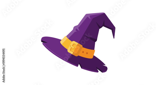 A purple witch hat with a yellow belt is shown floating in mid-air on a white background